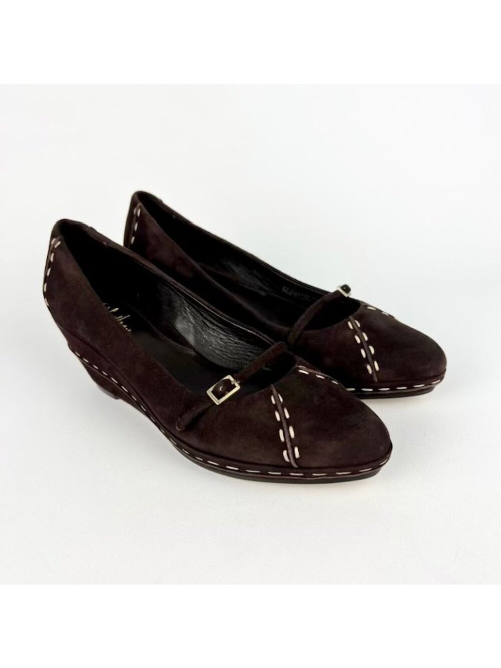 Cole Haan Womens Brown Suede Leather Wedge Pumps Shoes Mary Jane Strap size 6.5
